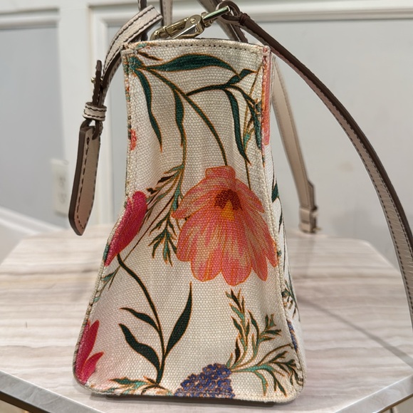 Kate Spade Bag Sam 25th Anniversary Cream Linen Floral Tote with Leather Trim - Picture 5 of 17